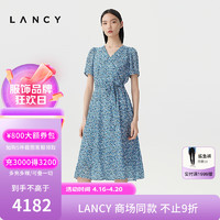 朗姿/LANCY2024夏季法式气质真丝印花连衣裙女短袖V领A字裙 雾霾蓝色 XL