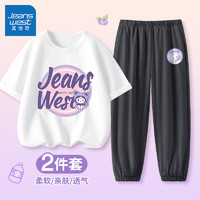 真维斯童装 JEANSWEST JNR真维斯女童套装2024夏季洋气纯棉t恤中大童女孩运动风两件套 J微笑库白色+J花花小熊K灰色 110