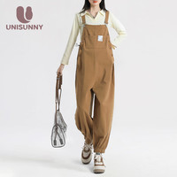 unisunny背带裤春秋款外穿大码宽松休闲长裤孕期装时尚孕妈阔腿裤 卡其色 M