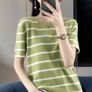 牧什夏季纯棉短袖女士100%棉t恤女圆领条纹针织半袖打底衫彩条SHAN031 草绿色 S