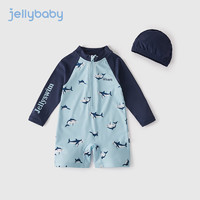 JELLYBABY 儿童时髦撞色泳装夏宝宝鲨鱼长袖游泳衣夏男童泳衣连体 蓝色 130cm