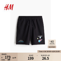 H&M男装短裤2024夏季中腰休闲时尚宽松版印花潜水短裤1223013 黑色 180/114