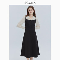 EGGKA假两件撞色polo领连衣长裙2024春季法式设计感气质a字长裙 黑色 M