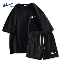 WARRIOR 回力 运动套装男夏季纯棉重磅黑色短袖短裤2024新款品牌两件套男士