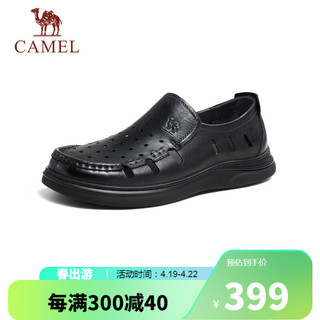 骆驼（CAMEL）男士镂空软底商务休闲皮凉鞋 G14M155654 黑色 38