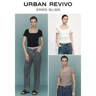 URBAN REVIVO 夏季女交叉收褶修身T恤 UWG440062 卡其棕 S