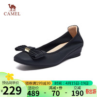 骆驼（CAMEL）浅口鞋女气质蝴蝶羊皮革方头坡跟单鞋 L24S007003 黑色 36