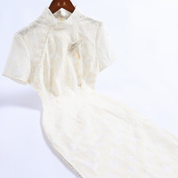 戚薇改良米色旗袍2024年夏季年轻款高端气质中国风日常连衣裙   米色 S