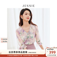 JESSIE雅致系带荷叶边领喇叭袖印花雪纺衫2024夏 粉色 S