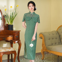 秀觀唐绿伊2024夏季波点印花改良女长款日常改良新中式旗袍裙 绿色 L