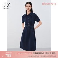 玖姿·安娜蔻清新感休闲压褶收腰舒适棉短袖连衣裙女装2024夏季 丈青 M