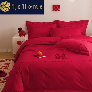 lehome 乐加 高端婚庆婚房床上用品四件套喜庆大红色刺绣结婚喜被套床单