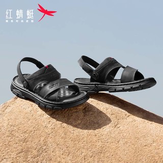 红蜻蜓时尚沙滩鞋2024夏季牛皮爸爸鞋子舒适两穿凉鞋男 WTT24015黑色42