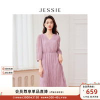 JESSIE气质通勤V领高腰七分袖肌理感连衣裙2024夏款 粉色 L