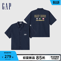 Gap男装2024夏季logo大印花遮阳按扣短袖衬衫宽松上衣461226 海军蓝 165/88A(S) 亚洲尺码