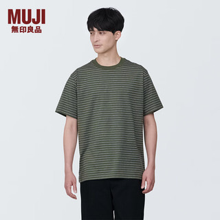 MUJI 無印良品 无印良品（MUJI）男式 天竺织 圆领短袖T恤 男士打底衫男款 早春AB1MKA4S 深绿色条纹 M (170/92A)