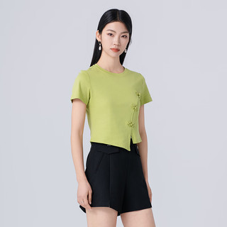 阿依莲（A.YILIAN）2024夏季新中式T恤女不规则设计感复古显瘦百搭短上衣 嫩芽色 S
