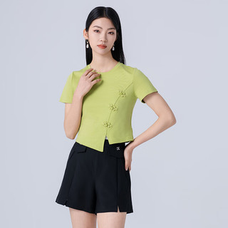 阿依莲（A.YILIAN）2024夏季新中式T恤女不规则设计感复古显瘦百搭短上衣 嫩芽色 S