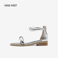 百亿补贴：NINE WEST 玖熙 NineWest/玖熙2022夏季新款一字带粗跟凉鞋时尚金属色低跟鞋露趾