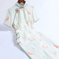 戚薇长款双层短袖斜纹级旗袍2024春新中式优雅气质年轻款少女日常 绿色 M