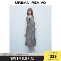 URBAN REVIVO UR2024春季女都市撞色条纹金属纽扣V领H型连衣裙UWU740016 深黑灰色条纹 XS