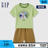 Gap男童2024夏季纯棉印花短袖T恤短裤套装户外风儿童装466026 绿棕组合 100cm 亚洲尺码