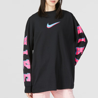 NIKE 耐克 长袖T恤女装2024春季运动服针织圆领休闲上衣DX7925-010 DX7925-010黑色 S