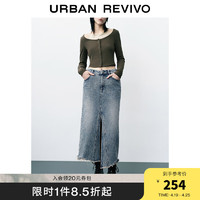 URBAN REVIVO UR2024春季女装复古水洗做旧毛边开叉牛仔半裙UWV840031 蓝色 S