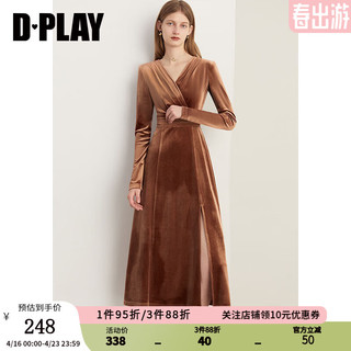 DPLAY冬美拉德复古法式焦糖色V领侧开衩丝绒连衣裙轻礼服 焦糖色（开衩捏褶） M