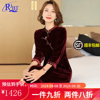 RJBT喜婆婆婚宴装礼服裙2024春秋装优雅酒红色丝绒连衣裙 酒红色 M