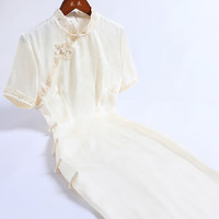 戚薇改良米色旗袍2024年春季年轻款少女复古中国风连衣裙 米色 S