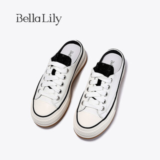Bella Lily2024春季增高真皮半包拖鞋女外穿板鞋无后跟休闲鞋 白色 37
