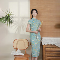 布符2024年夏季旗袍复古长款瓷扣改良新中式年轻款女日常可穿 碧荷色 S