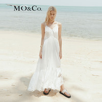 MO&Co.2024夏花型镂空V领吊带绑带连衣裙MBD2DRST65摩安珂 本白色 L/170