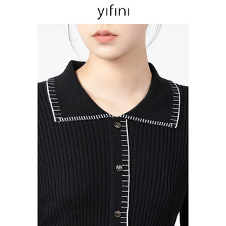 易菲（YIFINI）翻领刻度针织毛衫女春秋黑色长袖复古上衣B09M3935 黑色 XS
