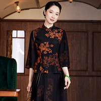玺玥2024春夏中国风香云纱优雅休闲日常中式唐装上衣复古气质 黑色 S