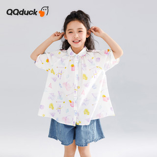 可可鸭（QQ DUCK）童装女童衬衫夏季儿童可爱翻领短袖青少年衣服涂鸦白色；160