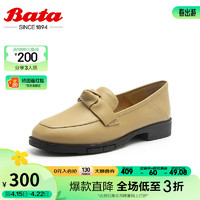 Bata 拔佳 一脚蹬女2024春季英伦百搭牛皮粗跟舒适乐福单鞋32052AA4 卡其 34