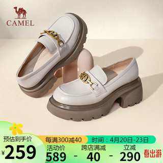 CAMEL 骆驼 乐福鞋女休闲英伦牛皮革金属搭扣高跟单鞋 L24S051028 米白 37