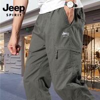 JEEP SPIRIT JEEPSPIRIT纯棉休闲裤男春秋季薄款松紧腰中老年宽松大码工装长裤