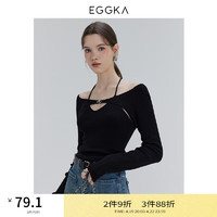 EGGKA 交叉花瓣镂空上衣修身小众收腰显瘦针织打底挂脖内搭露肩T恤 黑色 M