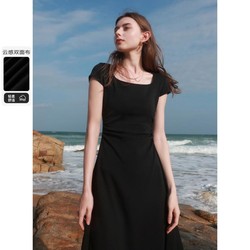 3COLOUR 三彩 法式方领小黑裙修身优雅连衣裙气质简约长裙女