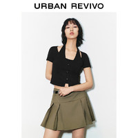 URBAN REVIVO 女装潮流设计假两件挂脖修身短袖T恤 UWV440122 正黑 XS