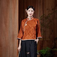 陌遇丨虹晚丨秋季中国风复古改良文艺茶服新中式立领唐装上衣 橙色 S