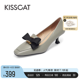 KISSCAT 接吻猫 2023秋季新款复古时尚单鞋蝴蝶结高跟鞋方头异形跟乐福鞋女