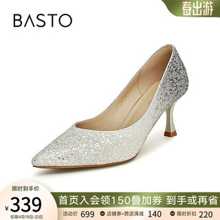 BASTO 百思图 2024春季时尚潮流通勤尖头细跟浅口女单鞋WA902AQ4 银色 34