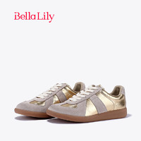 Bella Lily2024春季银色牛皮德训鞋女低帮显瘦板鞋流行平底鞋 金色 38
