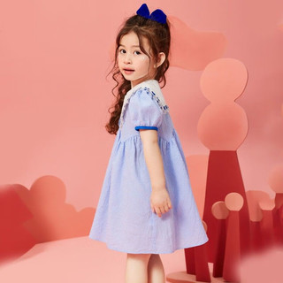 森林与孩子女童连衣裙2024夏小童爱心娃娃领儿童学院风格子公主裙 蓝色 100