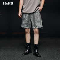 百亿补贴：BEASTER 鬼脸腰果花牛仔短裤潮牌满印夏季新款休闲裤五分裤