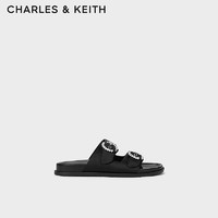 CHARLES&KEITH24夏亮钻圆扣平跟外穿休闲凉拖鞋CK1-71720050 BLACK TEXTURED黑色纹理 38